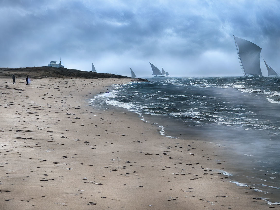 Footprints on sandy beach with people, sailboats, and misty horizon view