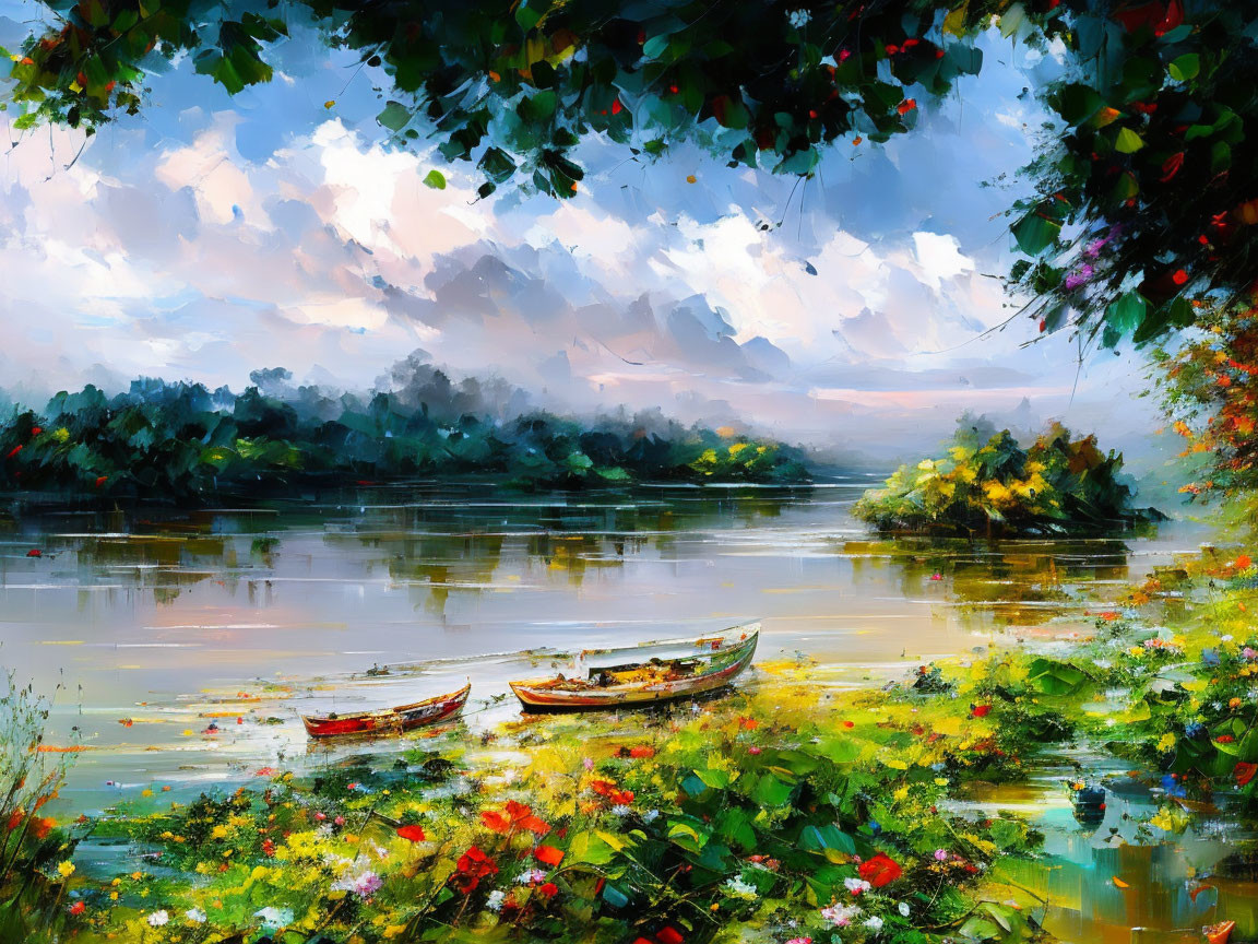 Serene riverscape painting with boats, flowers, mountains, and colorful sky