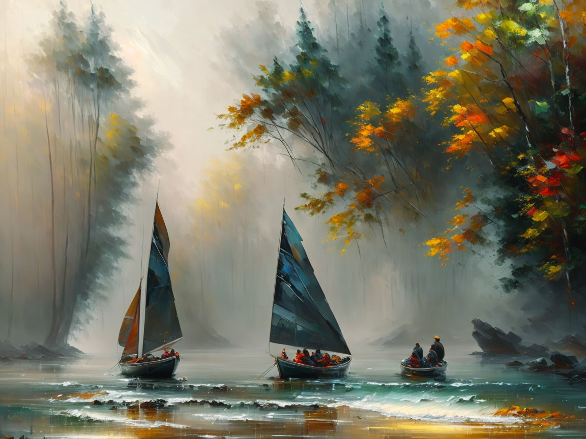 Sailboats on tranquil waters near misty autumn forest