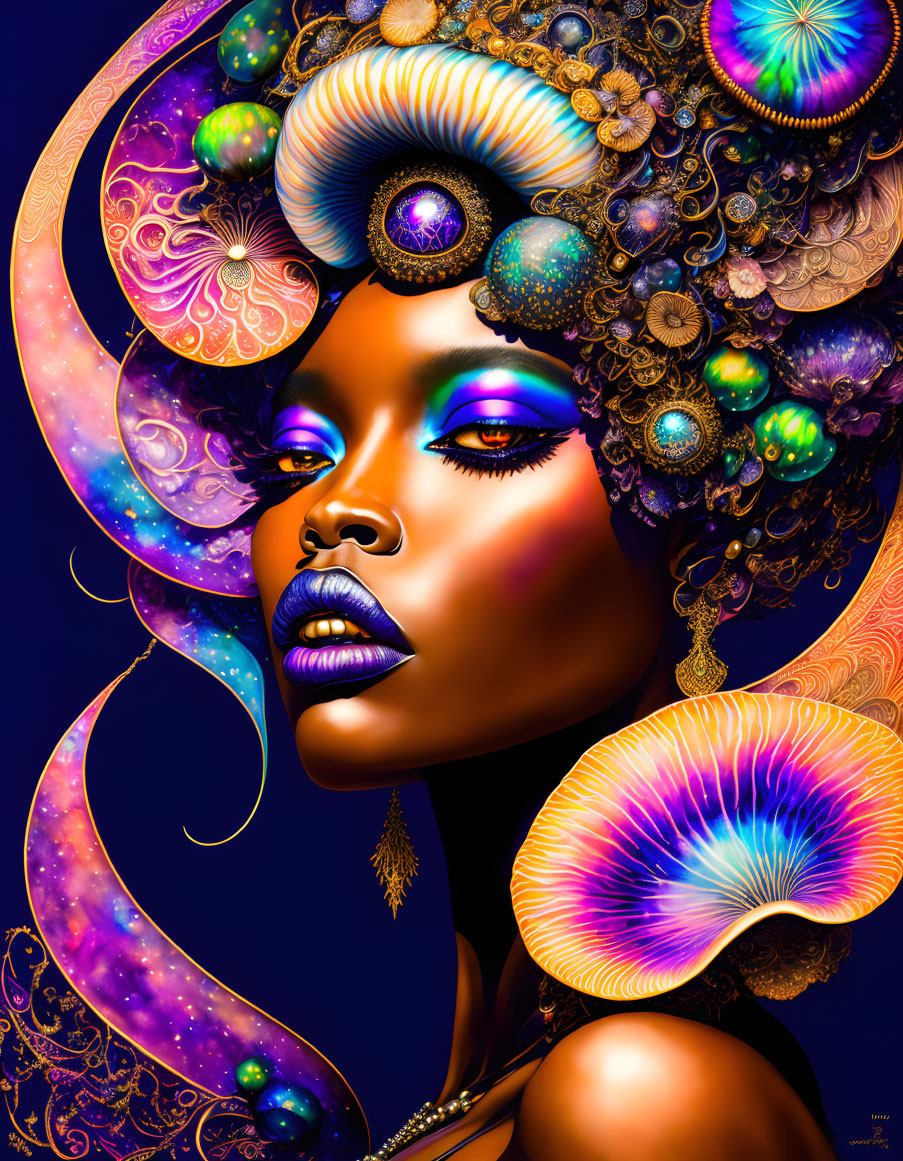 Colorful digital art portrait of a woman with psychedelic headdress and cosmic backdrop