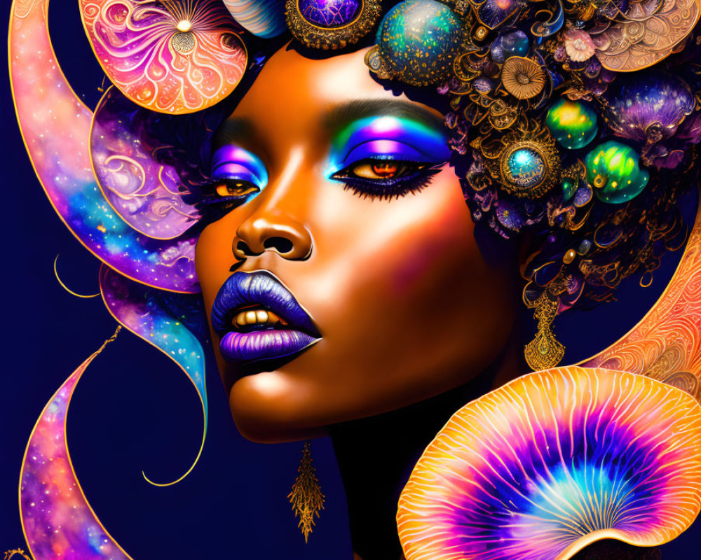 Colorful digital art portrait of a woman with psychedelic headdress and cosmic backdrop