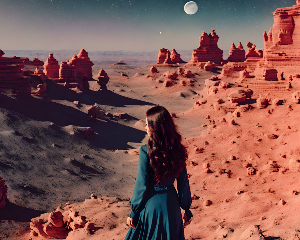 Woman in blue dress in desert landscape under twilight sky with moon