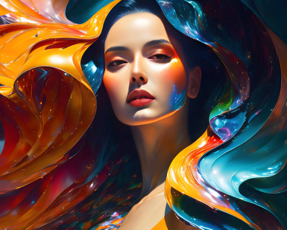 Serene woman portrait with swirling vivid patterns