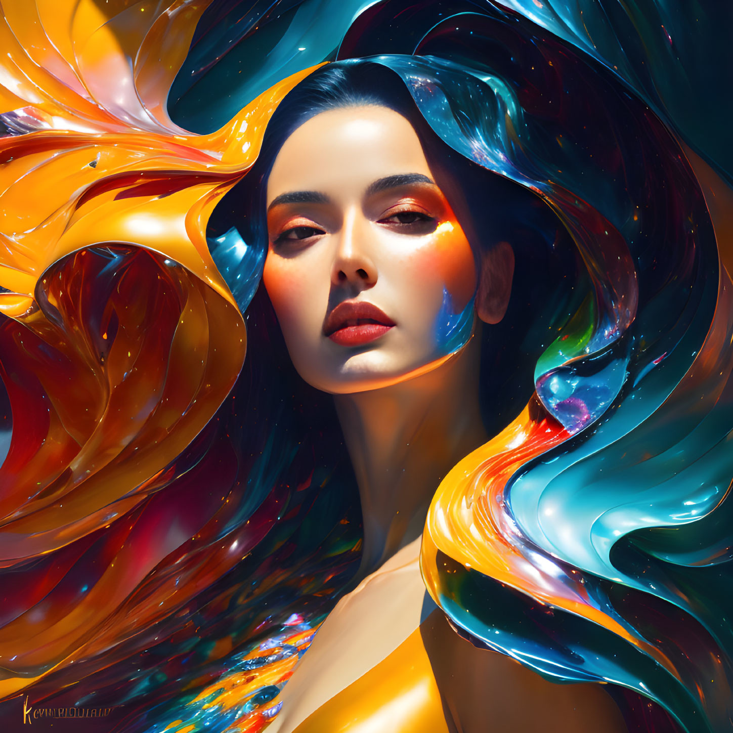 Serene woman portrait with swirling vivid patterns