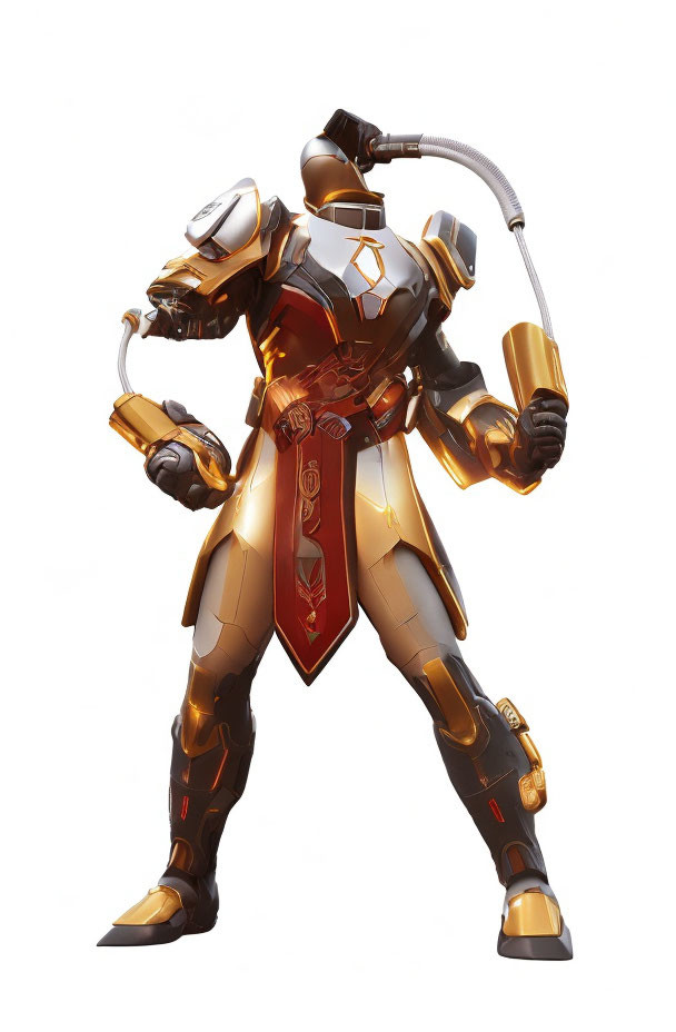 Futuristic armored character in gold and black with helmet, cape, and weapon hose