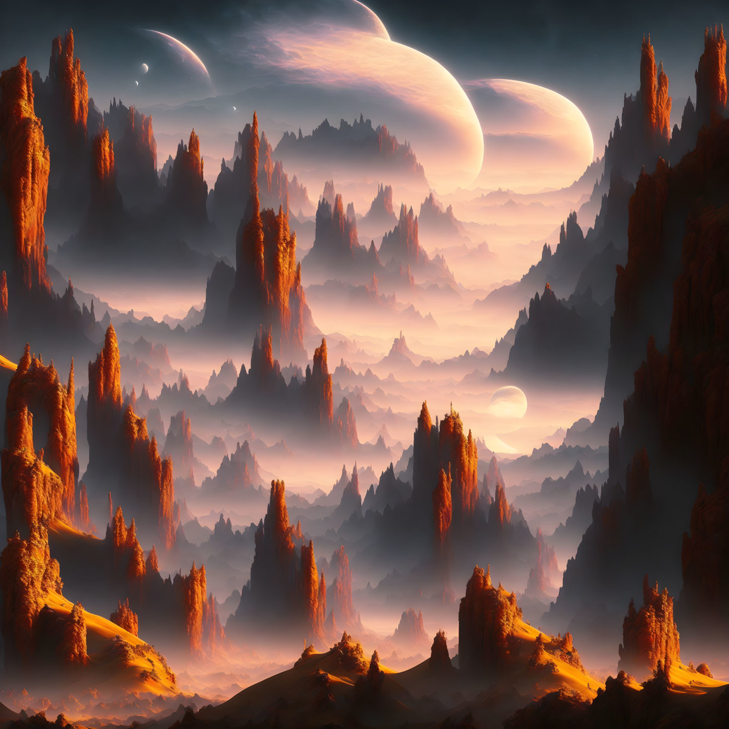 Fantastical landscape with towering rock formations and moons in dusky orange sky