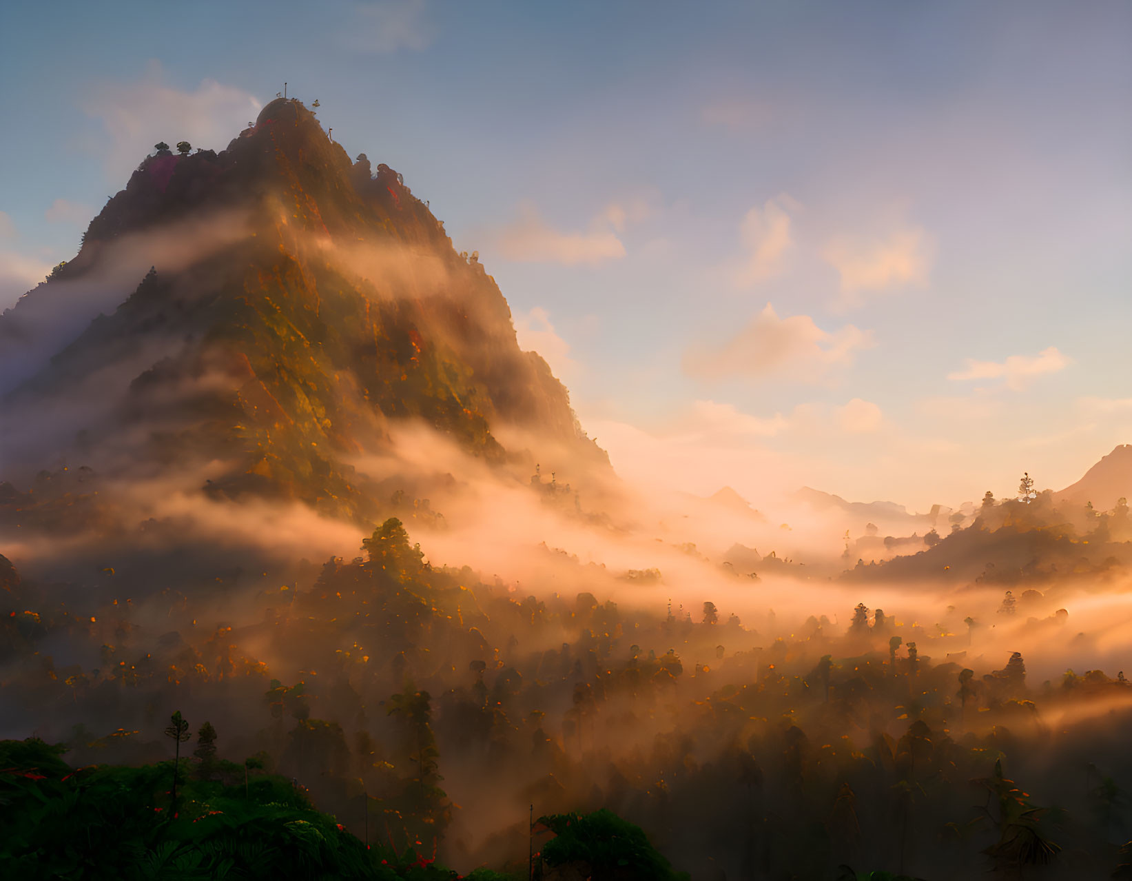 Majestic mountain in golden mist under sunlit clouds at sunrise or sunset