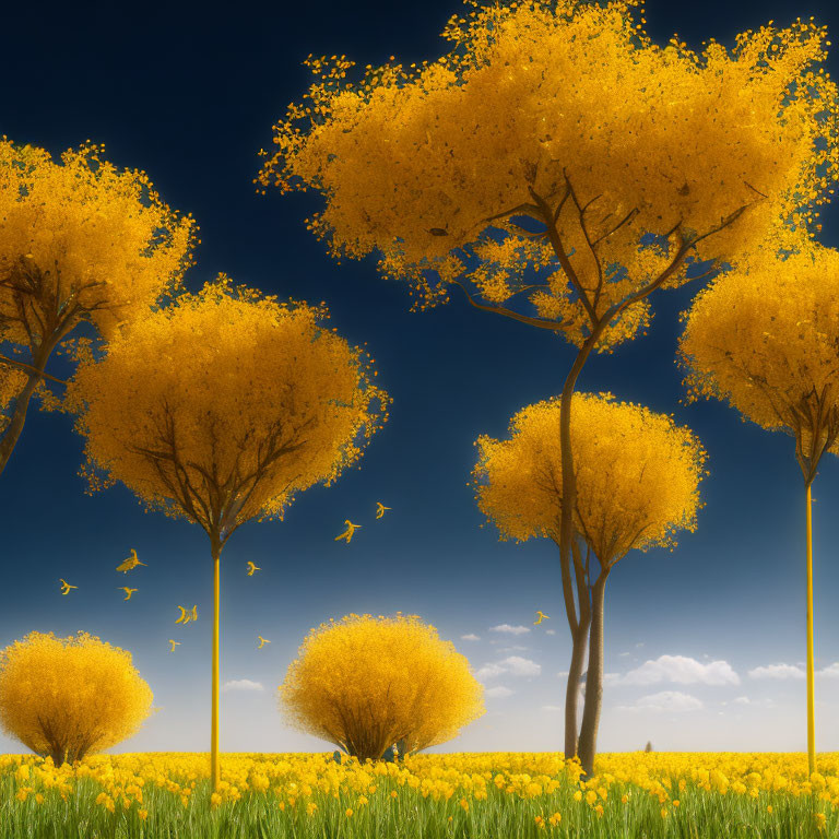 Sunny Day: Vibrant Yellow Trees & Falling Leaves on Blue Sky