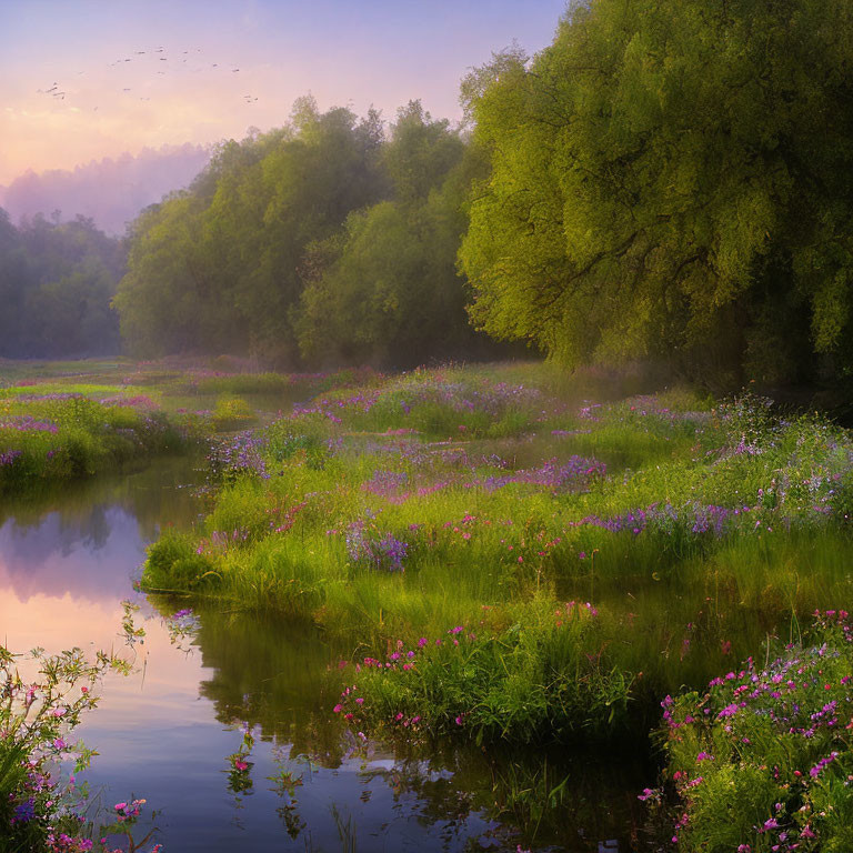 Scenic misty sunrise over tranquil river with wildflowers