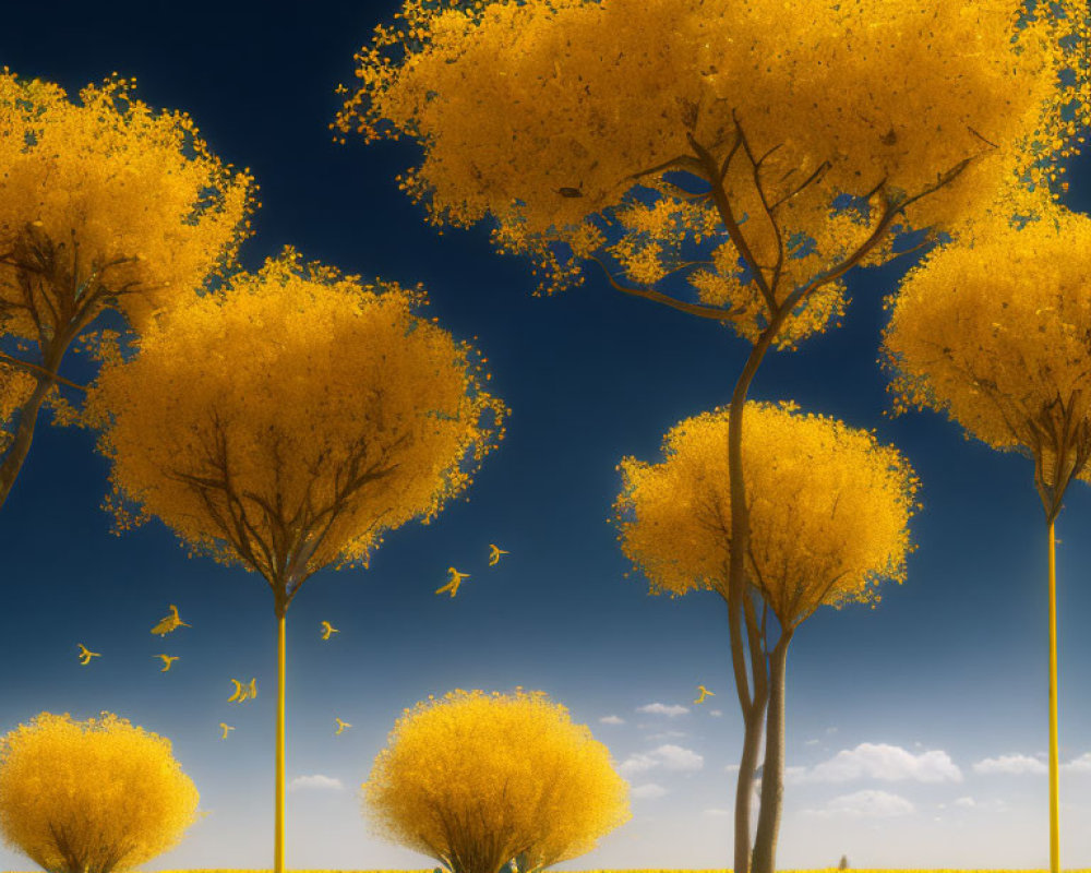 Sunny Day: Vibrant Yellow Trees & Falling Leaves on Blue Sky