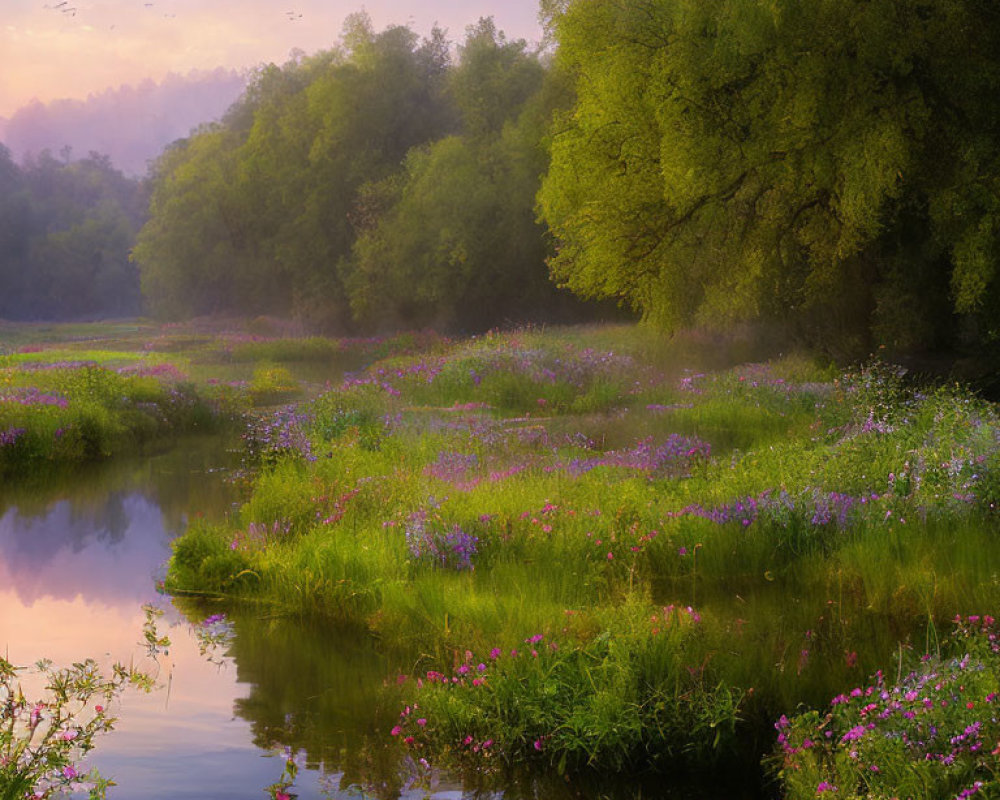 Scenic misty sunrise over tranquil river with wildflowers