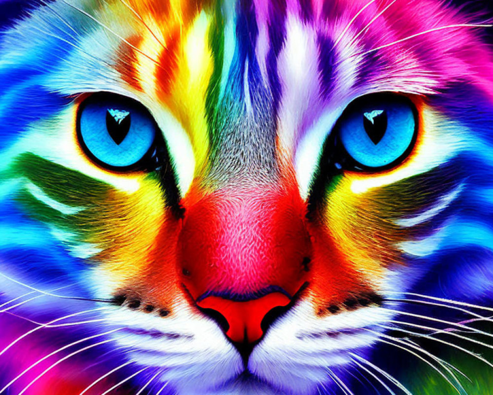 Colorful Cat Face Digital Artwork with Striking Blue Eyes