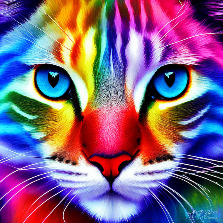 Colorful Cat Face Digital Artwork with Striking Blue Eyes