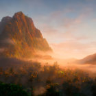 Majestic mountain in golden mist under sunlit clouds at sunrise or sunset