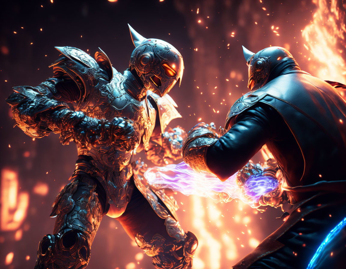 Armored figures in intense battle with blue energy and fiery particles