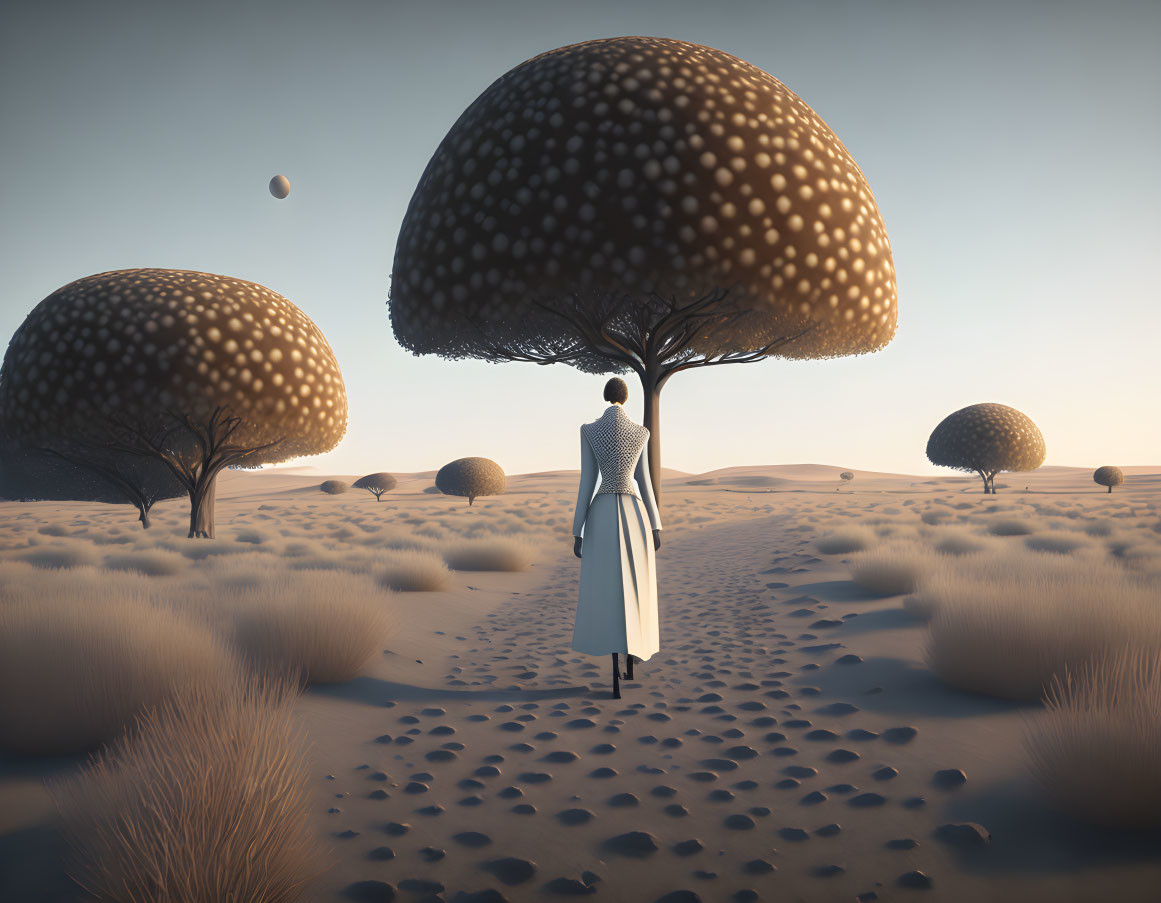 Surreal landscape with oversized mushroom-like trees and a figure in a white robe