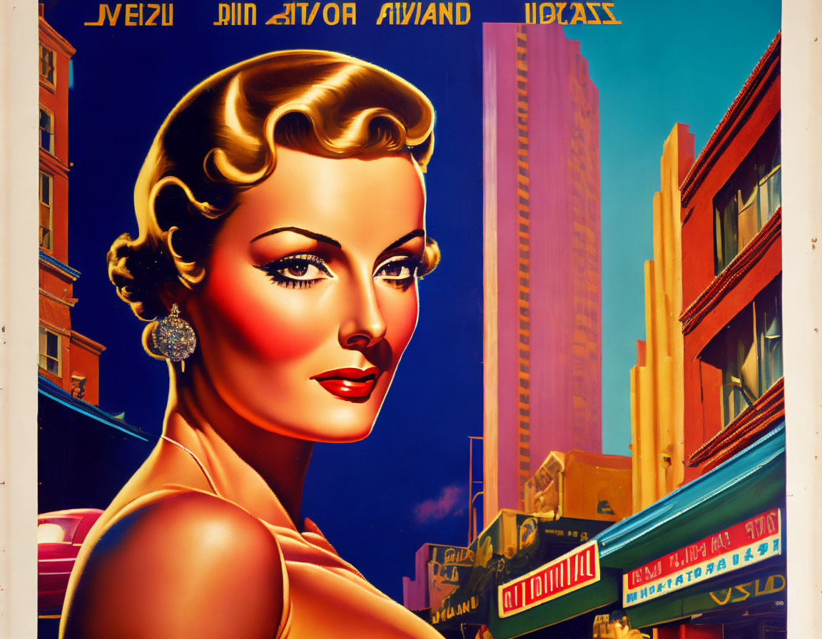 Glamorous woman with stylized hair and makeup in vintage-style poster