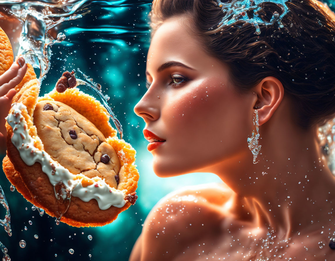 Side profile of woman with floating ice cream sandwich in vibrant blue water