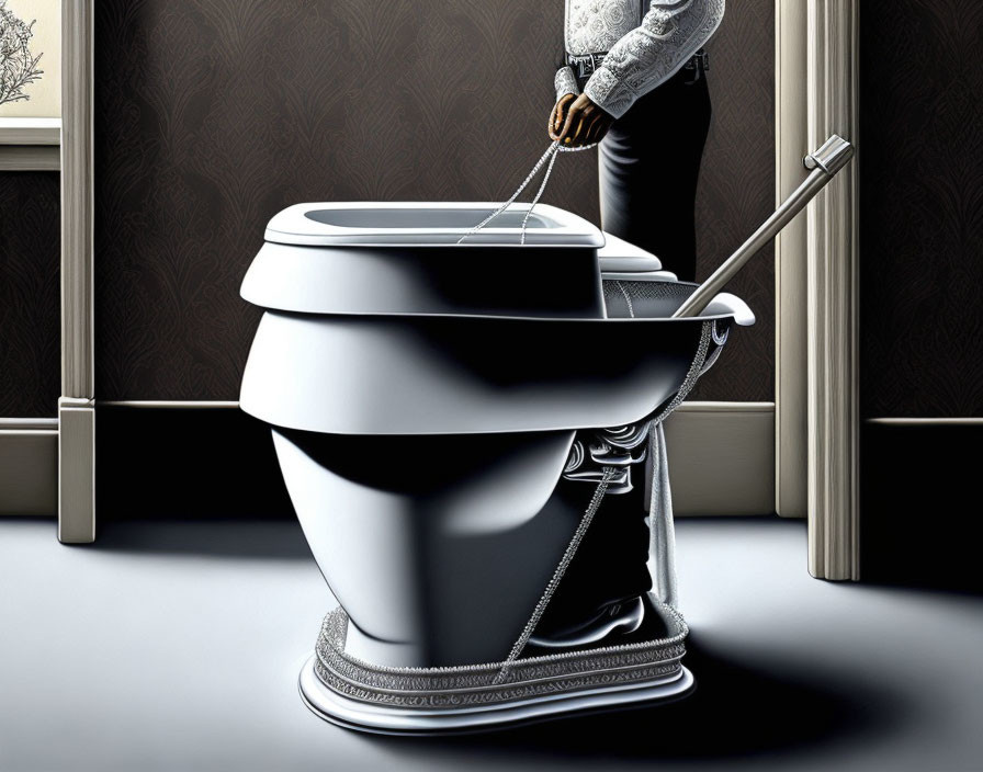 Person in suit flushing oversized toilet handle in surreal image