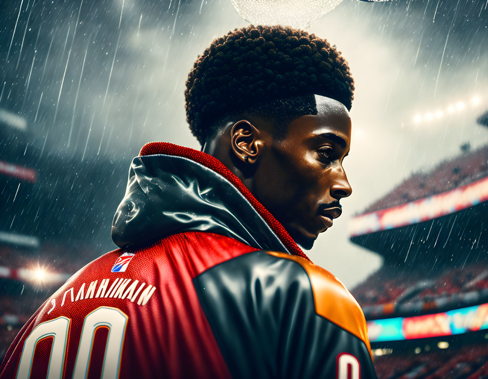 Profile view of person with textured hair in football jersey against rainy stadium backdrop