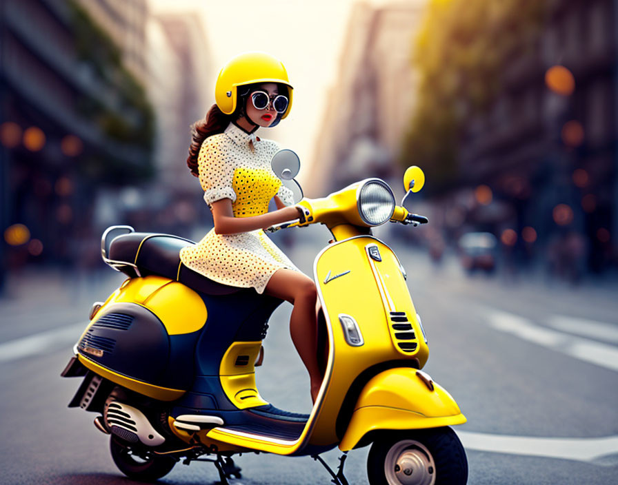 Woman in Polka-Dot Dress Riding Yellow Scooter in City Street