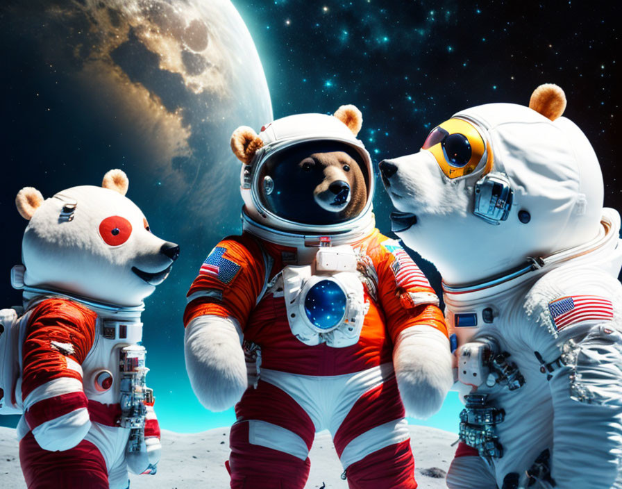 Three bears in astronaut suits on lunar surface with Earth in background