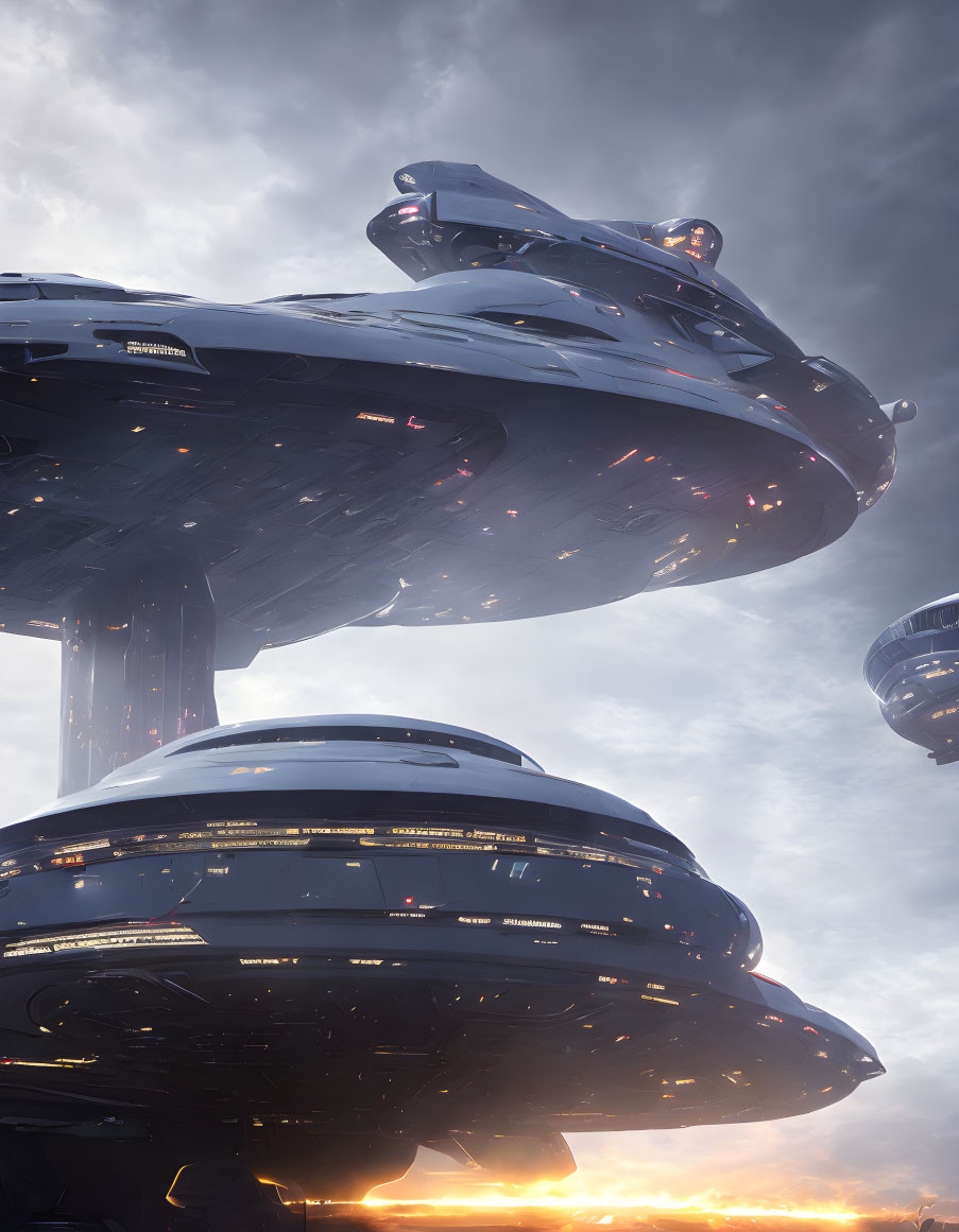 Futuristic spaceship with multiple decks in cloudy sky