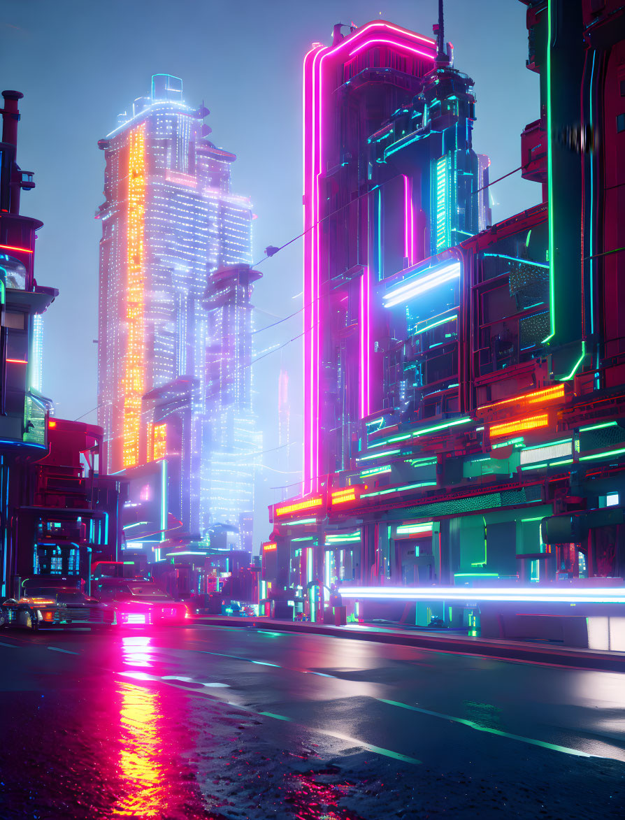 Futuristic night cityscape with neon lights and skyscrapers