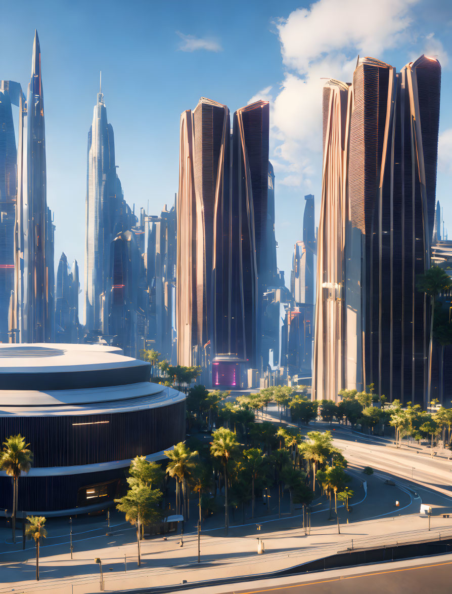 Futuristic Cityscape with High-rise Buildings and Palm Trees