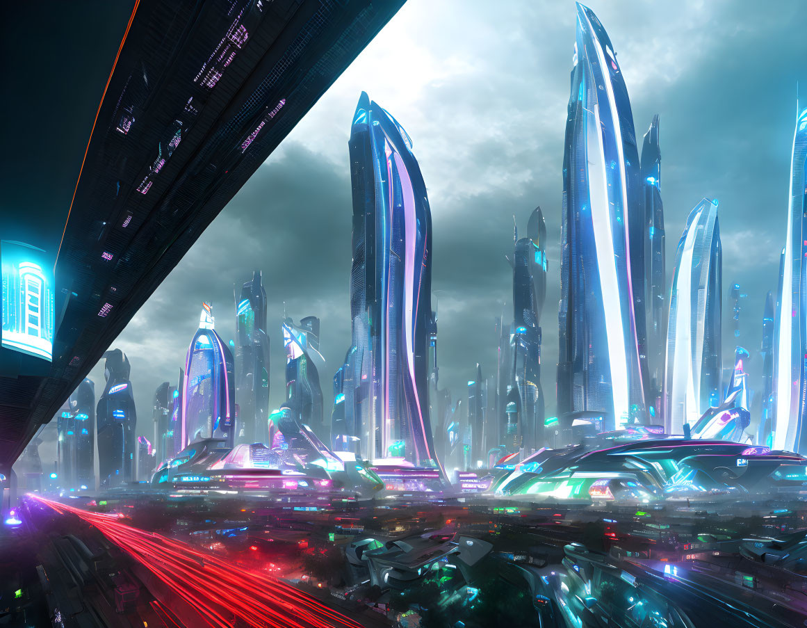 Neon-lit futuristic cityscape with skyscrapers and busy skyways