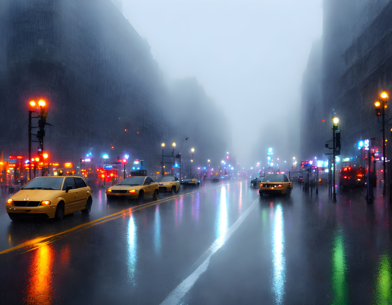 Misty city street at dusk with cars and glowing traffic lights