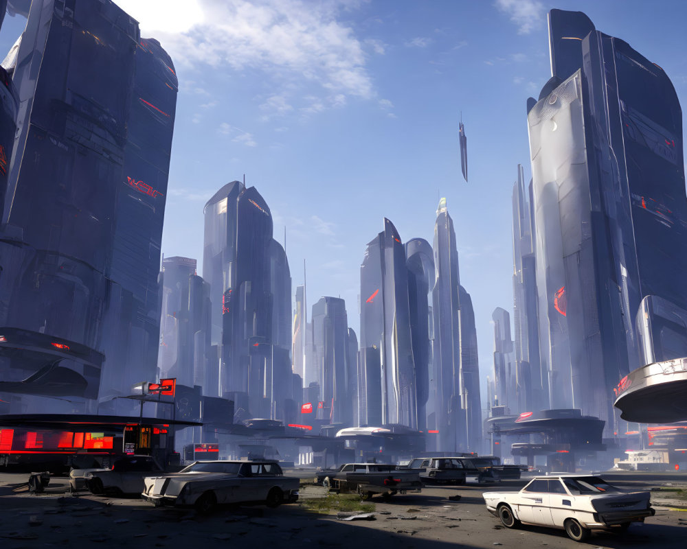 Futuristic cityscape with skyscrapers, neon lights, flying vehicles, and retro-fut