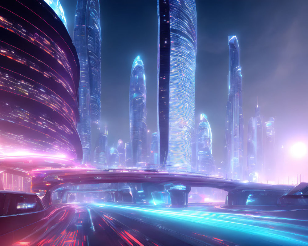 Futuristic cityscape: glowing neon lights, towering skyscrapers, traffic streaks.