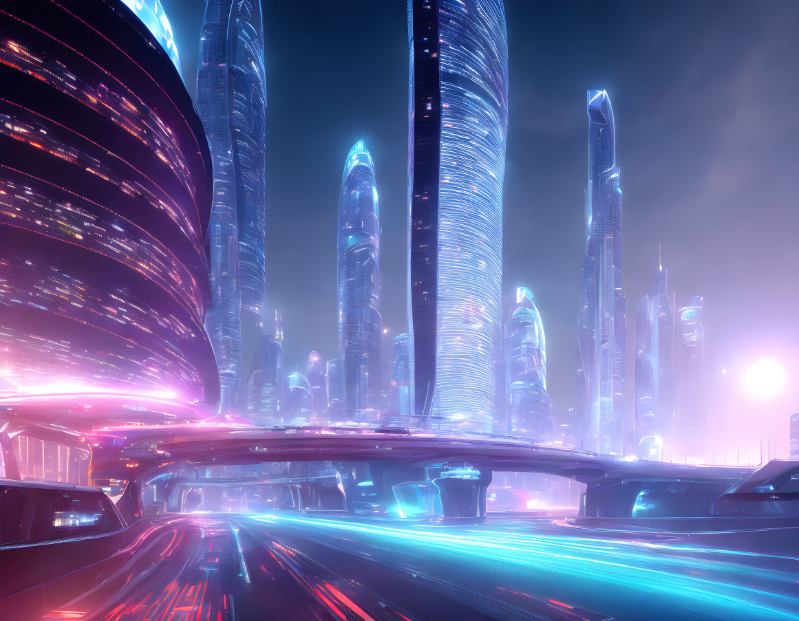 Futuristic cityscape: glowing neon lights, towering skyscrapers, traffic streaks.