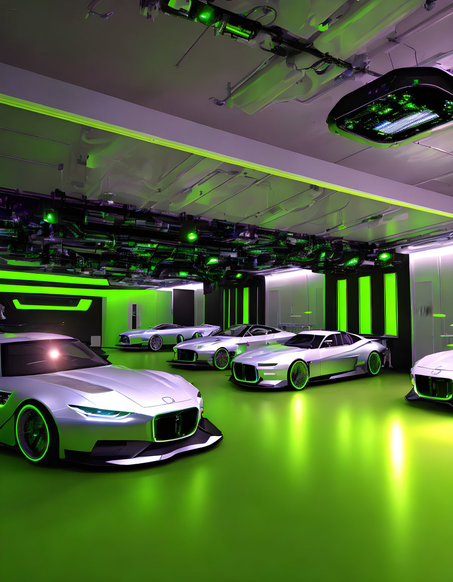 Sleek White Concept Cars in Futuristic Garage with Neon Green Lighting