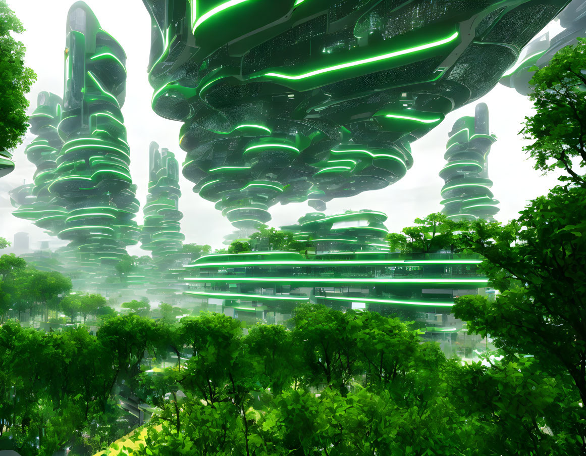 Green multi-layered skyscrapers in futuristic cityscape