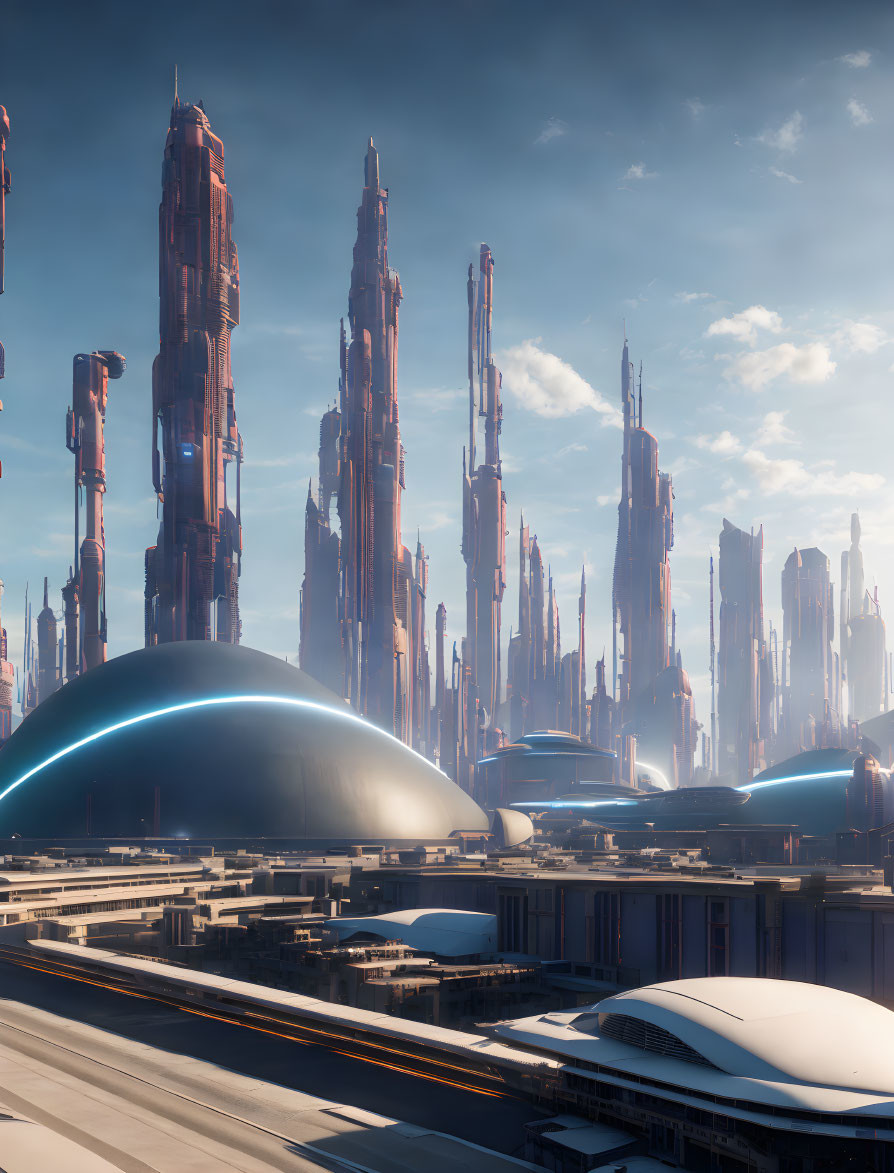 Futuristic cityscape with tall skyscrapers and dome structures