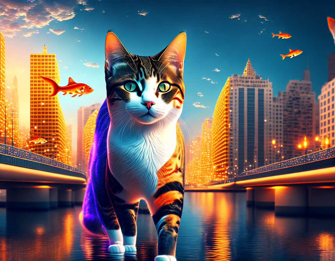 Futuristic cityscape with floating fish and neon lights