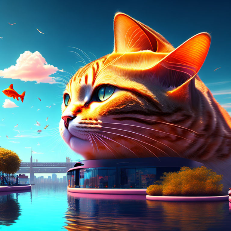 Giant Orange Cat Relaxing by Waterway in Futuristic City