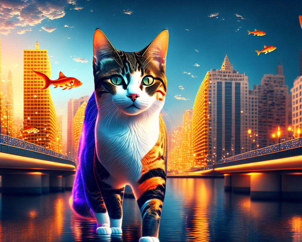 Futuristic cityscape with floating fish and neon lights