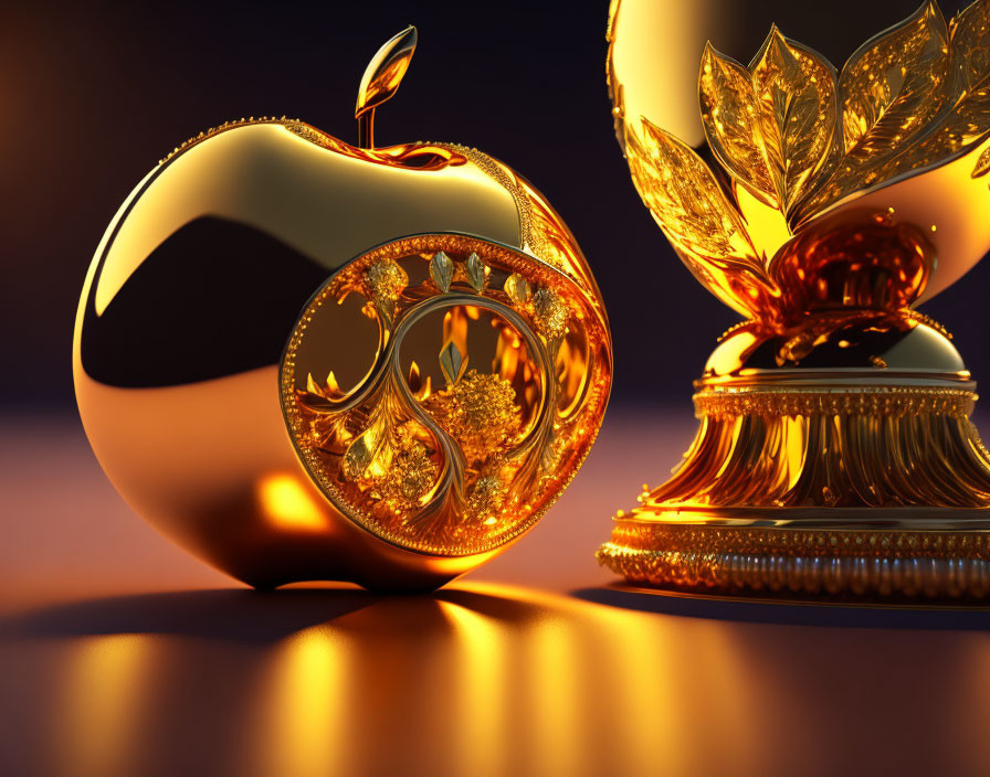 Intricate Cut-Out Golden Apple and Leaf Motif Trophy on Reflective Surface