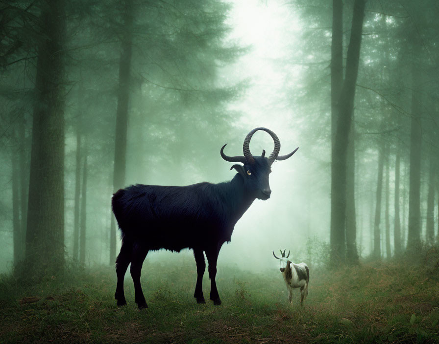 Black and white goats in misty forest scene