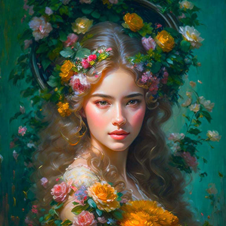 Woman with Floral Wreath Surrounded by Lush Greenery and Vibrant Flowers