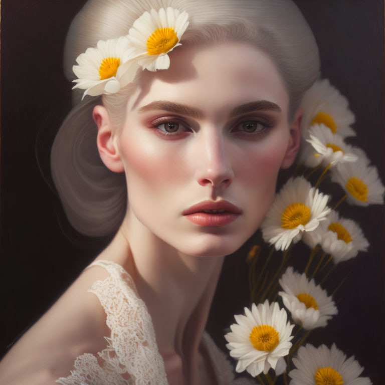 Portrait of woman with pale skin, white hair, daisies, against dark background