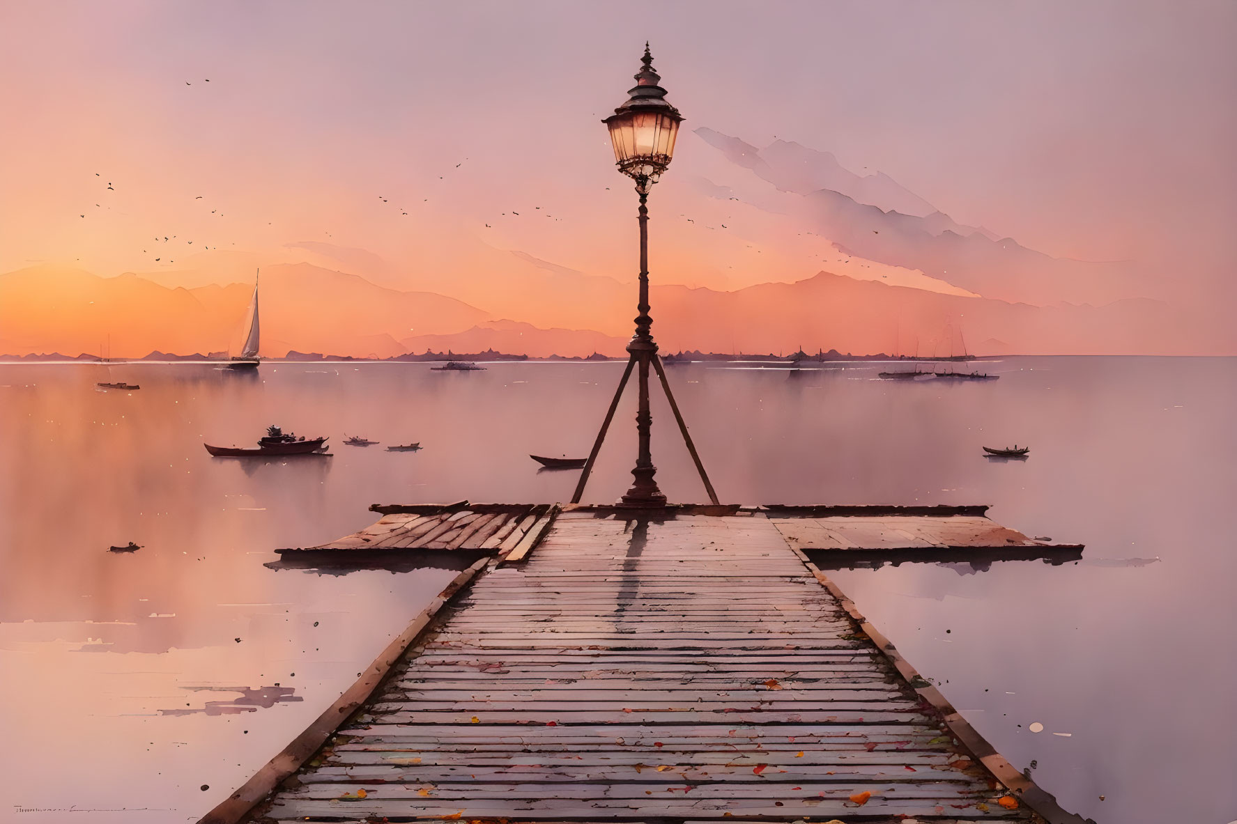 Tranquil sunset over lake with jetty, street lamp, boats, and mountains.