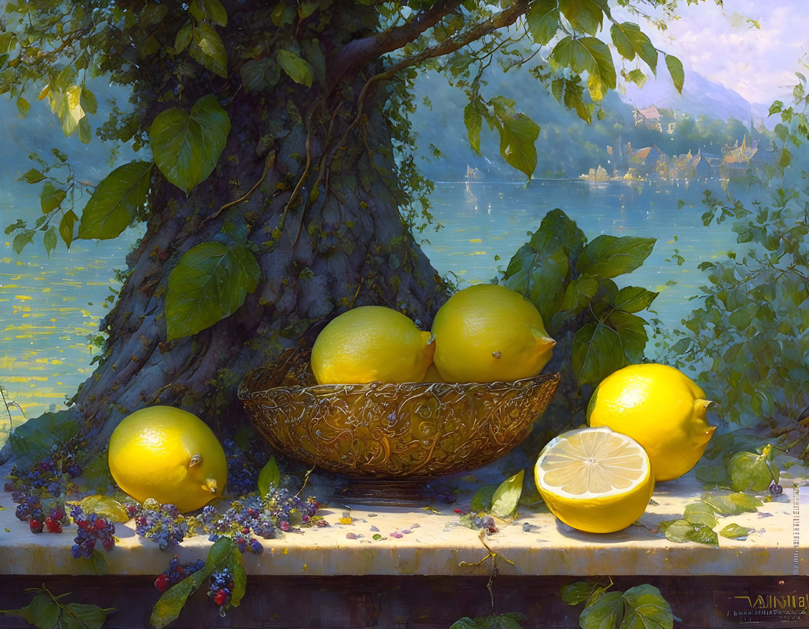 Colorful Still Life Painting: Ripe Lemons in Decorative Bowl with Lake and Foliage