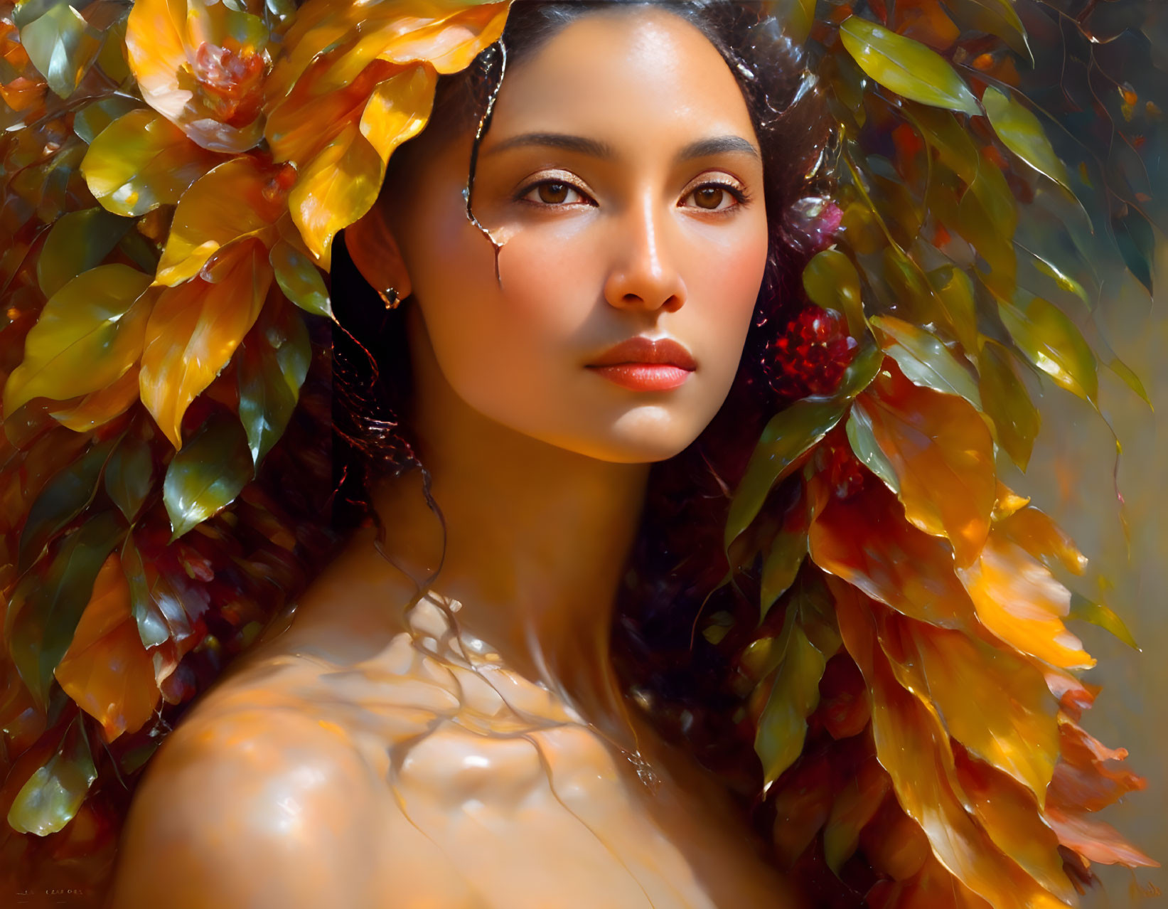 Woman portrait with autumn leaves in hair and serene expression