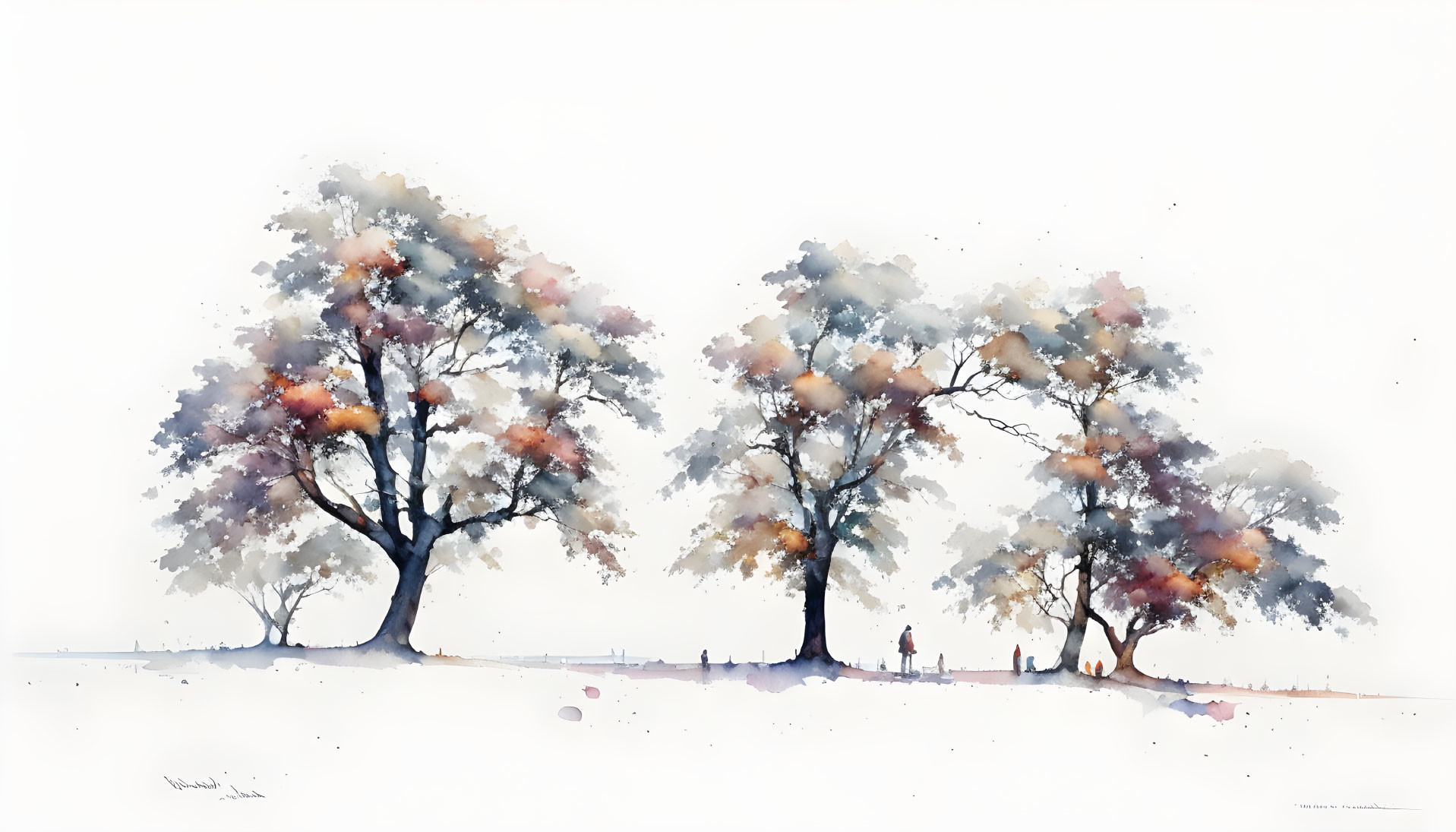 Minimalist watercolor painting: Three multicolored trees in white landscape with figure and dog