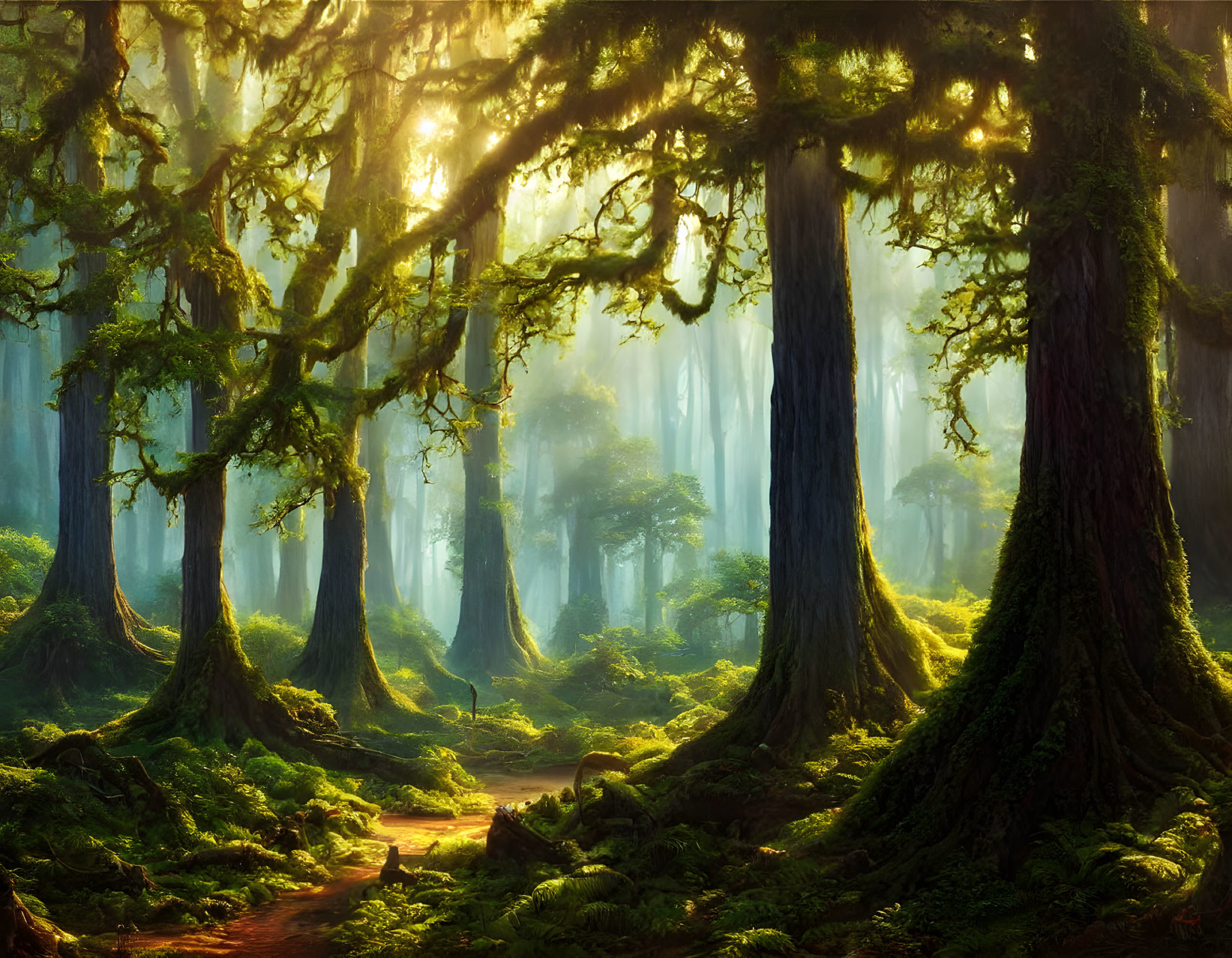 Lush Moss-Covered Forest with Towering Trees and Sunlight Filtering Through