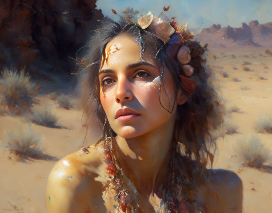 Woman with serene expression adorned with leaves and petals against desert backdrop